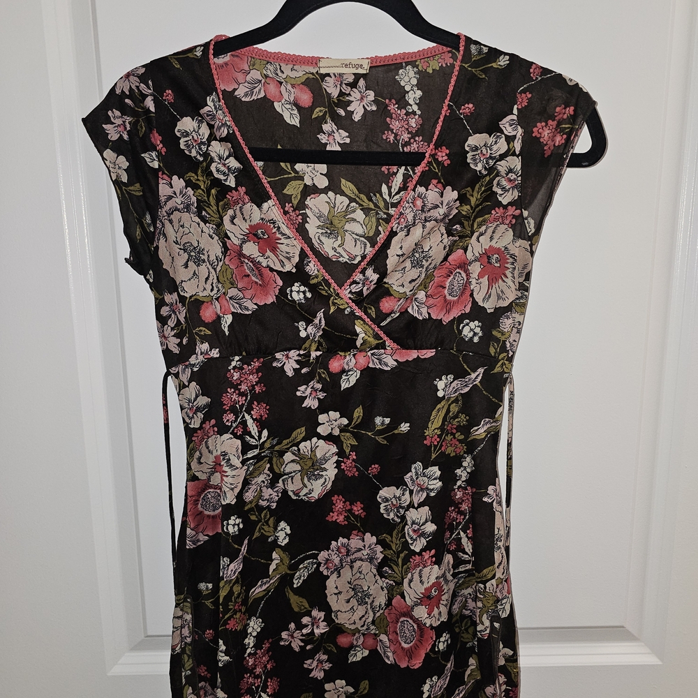 refuge Dark Brown Floral Wrap Tunic with Pink Trim